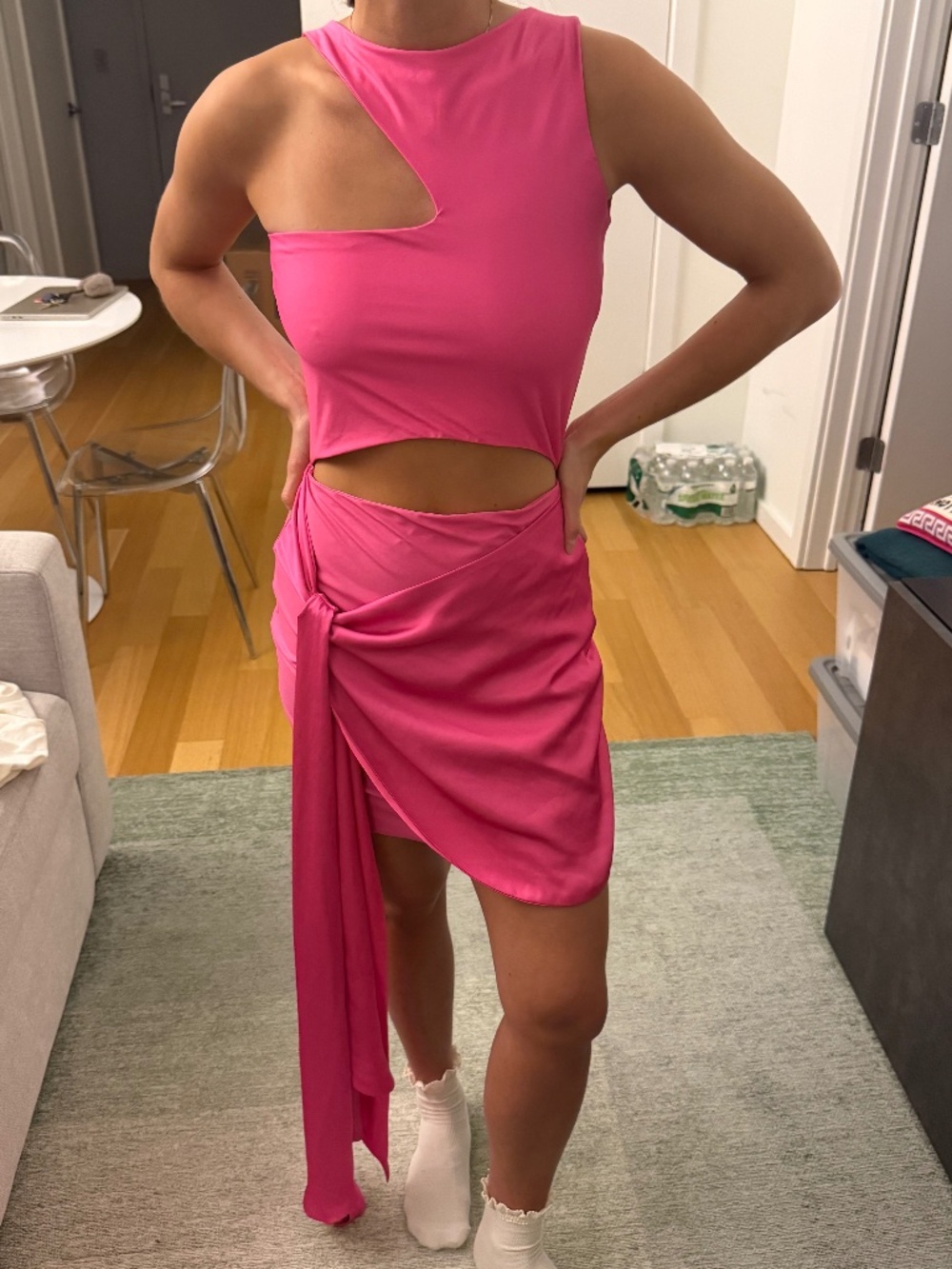 HOT PINK CUTOUT MINI DRESS WITH DRAPED WRAP SKIRT